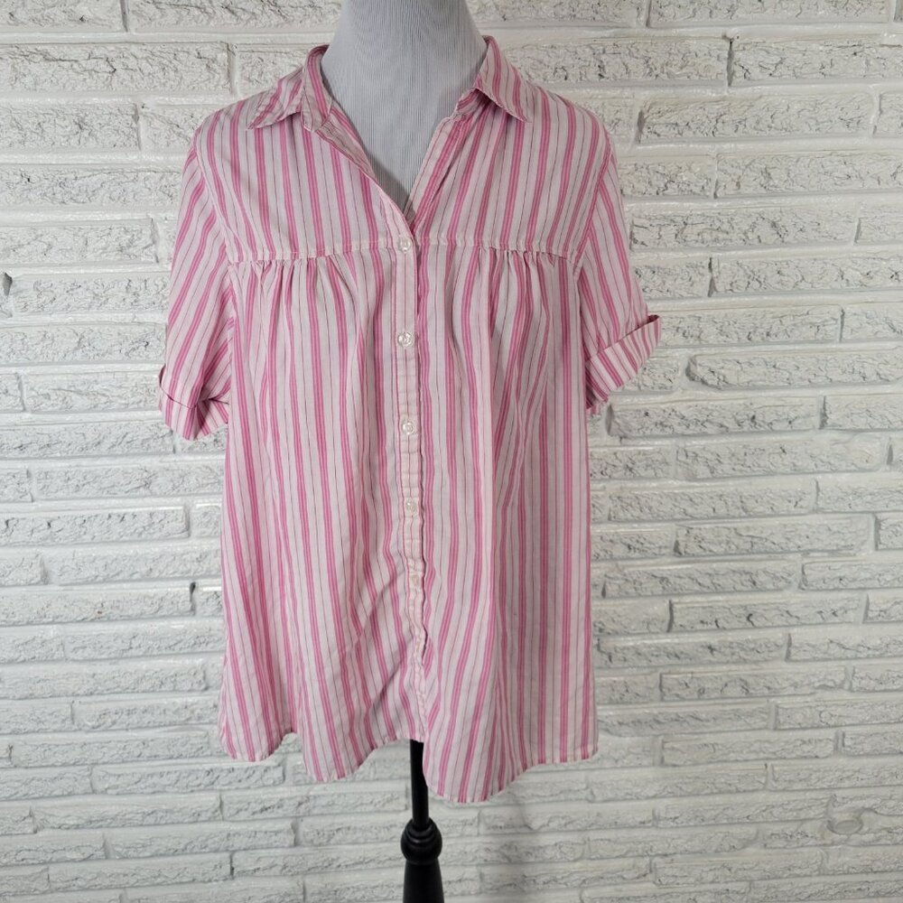 Roamans Womens Top 16W Plus Cuff Sleeve Button Up Pink Stripe Casual STR159E